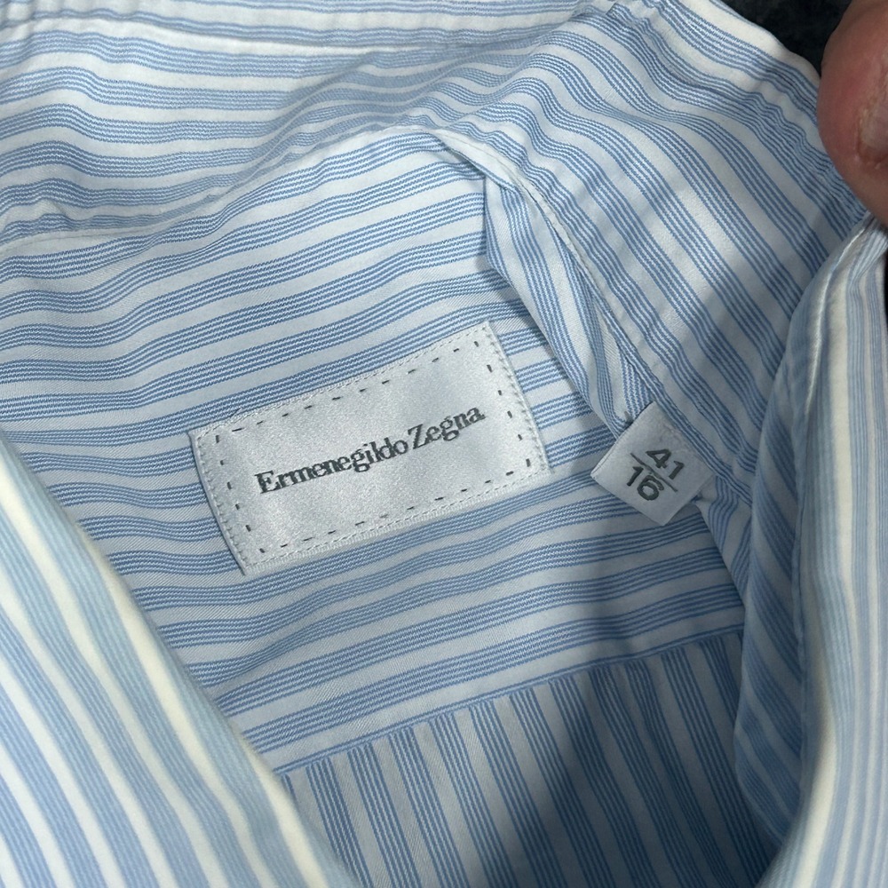 Ermenegildo Zegna Dress Shirt Men 16 Large Blue White Striped Luxury button down - Picture 11 of 16